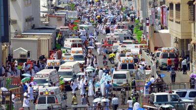 This image released by the Saudi Press Agency, SPA, shows ambulances in Mecca, after people were crushed by overcrowding in Mina, Saudi Arabia during the annual hajj pilgrimage on Thursday, Sept. 24, 2015. Hundreds were killed and injured, Saudi authorities said. The crush happened in Mina, a large valley about five kilometers (three miles) from the holy city of Mecca that has been the site of hajj stampedes in years past.