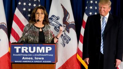Former Alaska Gov Sarah Palin, left, endorses Republican presidential candidate Donald Trump during a rally at the Iowa State University, Tuesday, 19 Jan, 2016, in Ames, Iowa.