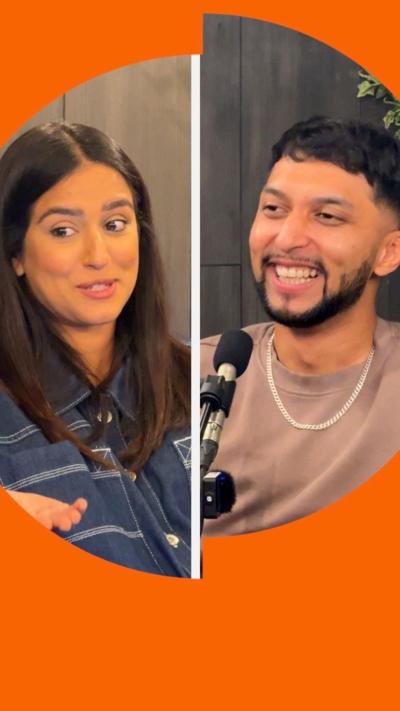 Splitscreen image of a woman and a man talking and smiling