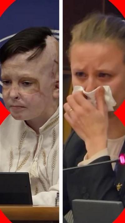 Boy with short black hair (L) and woman blowing nose (R)