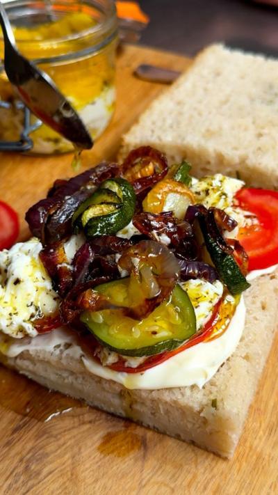 Marinated mozzarella focaccia sandwich