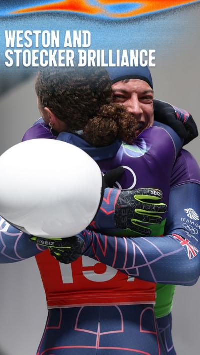 Team GB's Tabitha Stoecker and Matt Weston celebrate winning skeleton mixed team goldmixed 