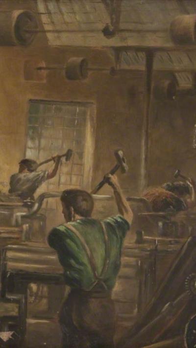 Painted panel showing smashing up of power looms