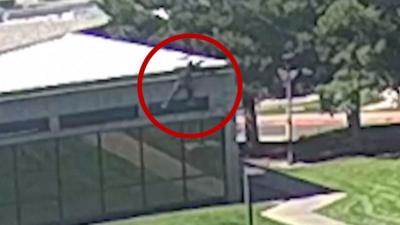 CCTV of Kirk shooting suspect jumping off building at Utah Valley University campus