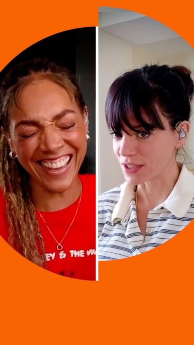 Splitscreen of Miquita Oliver laughing and Lily Allen mid-speaking