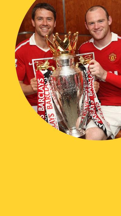 Footballers Michael Owen and Wayne Rooney, in red Manchester United kits, pose with the Premier League trophy in 2011