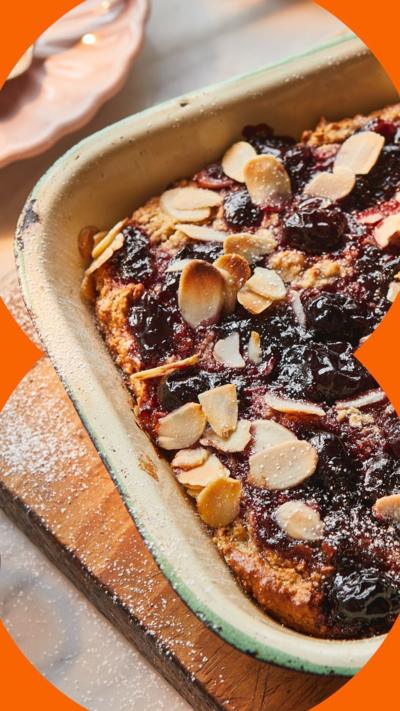 Cheery Bakewell oats in an ovenproof dish
