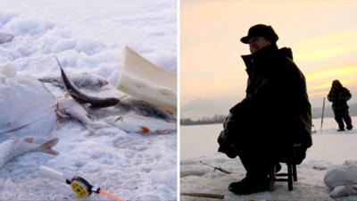 Left image shows fish and equipment on the ice, right image shows two fisherman in warm clothing