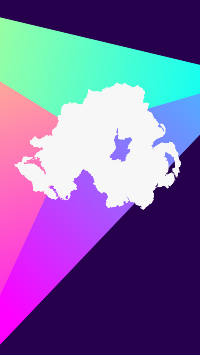 Graphic map northern ireland outline on blue purple pink branding 