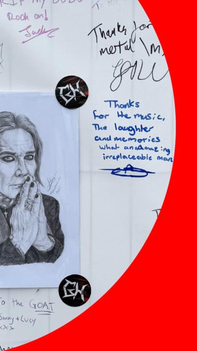 A drawing of Ozzy Osbourne and messages from fans written on a wall.