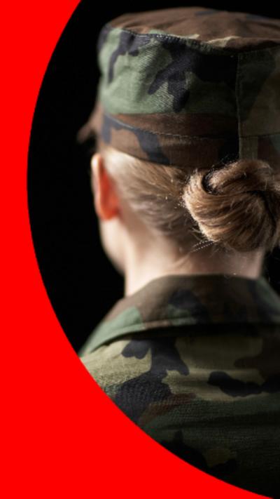 Female soldier wearing army uniform, rear view