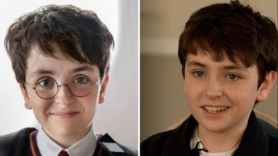 Dominic McLaughlin dressed as Harry Potter (L) and as himeself during an interview (R)