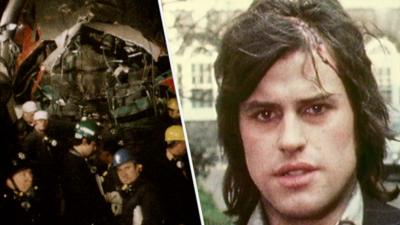 Split thumbnail: (right) Man with blood running down his head looks into camera (left) Scene of the Underground crash. 