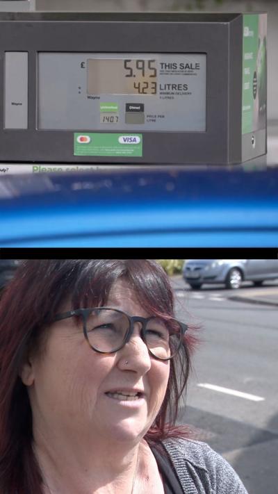 A split image. The bottom is a woman with dark hair, wearing black rimmed glasses, standing alongside a road. The upper image is of a fuel pump, it reads £5.95 this sale and has 4.23 litres underneath it.