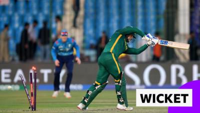 South Africa's Ryan Rickelton is bowled out