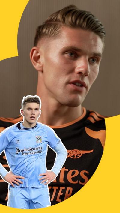 Victor Gyokeres answering question in Arsenal training kit alongside a cut out of him in a Coventry kit