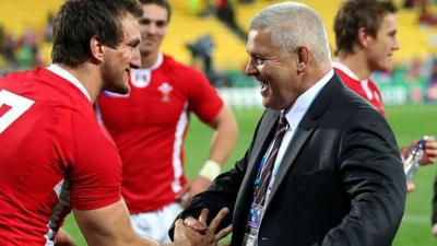 Warren Gatland celebrates with Sam Warburton