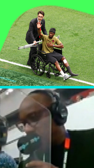 Kone is wheeled across pitch while waving to fans. Dion Dublin commentates.