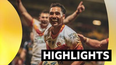 Reimis Smith celebrates his second try for Catalans against Leeds