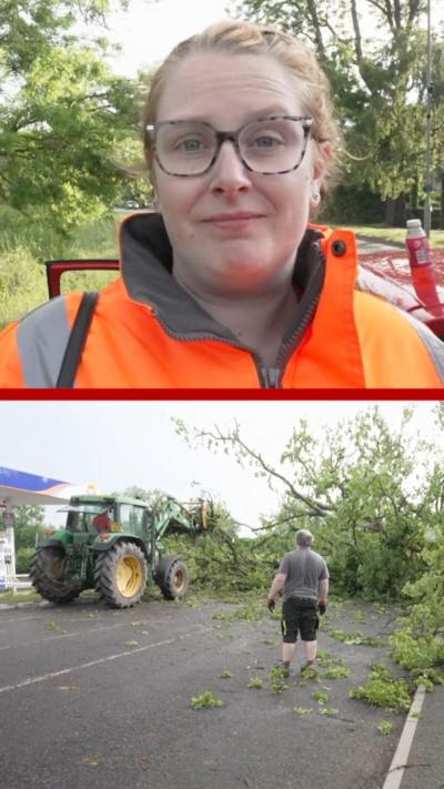 Split screen of a woman and, below, a tree fallen on to a road with a tractor