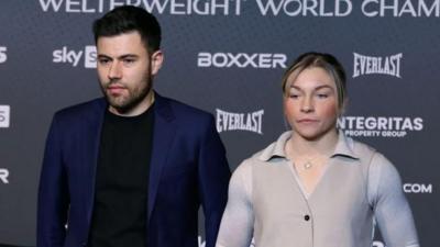 Promoter Ben Shalom alongside Lauren Price at a press conference 