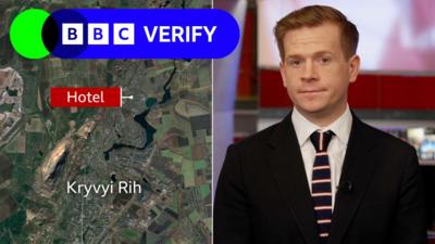 Split image showing a satellite image of the city of Kryvyi Rih on the left and BBC presenter Nick Eardley on the right. 