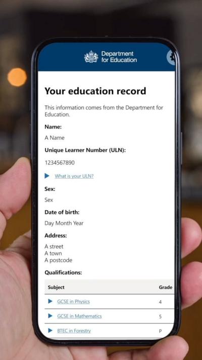 A smartphone screen showing the "Your Education Record" page of the Department for Education's results app.