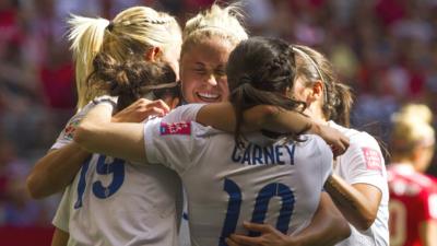 The England team celebrate their win over Canada