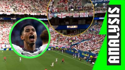Jude Bellingham and a view of the football in the air during England's game against Norway
