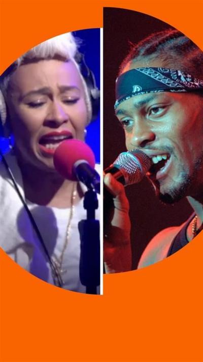 Splitscreen: Emeli Sandé (left) and D'Angelo (right) each in front of a micrcophone.
