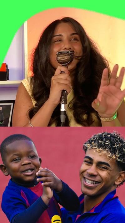 A split picture featuring journalist Jasmine Sandhar speaking on a handheld football commentators microphone alongside a picture of Lamine Yamal holding his little brother. They are both wearing Barcelona shirts.