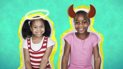 Photograph of two young children, one with an illustrated halo and one with devil's horns