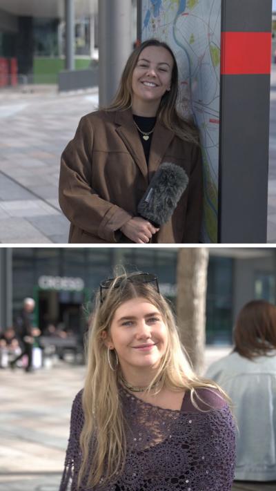 Tink Llewellyn in a brown coat holding a microphone leaning against a sign. She is smiling and has blonde hair slightly below her shoulders. A second photo has a blonde haired woman with a purple mesh top