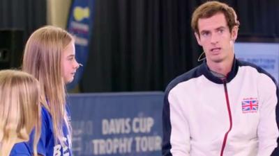 Andy Murray being interviewed at a Davis Cup Trophy Tour event at Stirling University