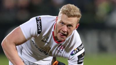 Stuart Olding in action for Ulster against the Dragons on Friday before having to come off following a heavy collision