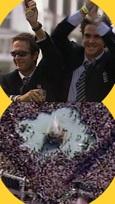 Michael Vaughan and Kevin Peterson and on a bus parade split with a crowd surrounding a fountain.