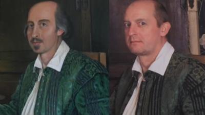 William Shakespeare on the left and his body double Simon Millichip