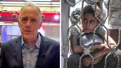 A composite image of Paul Adams speaking in the BBC studio and an image of a young girl in Gaza clutching a food bowl.