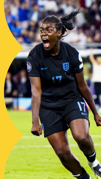 Michelle Agyemang in England kit shouting as she runs across the pitch after scoring a goal