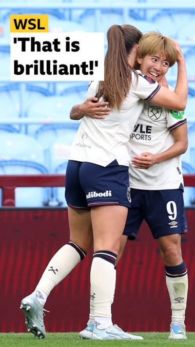 West Ham's Riko Ueki smiles in her goal celebration while being hugged by team-mate