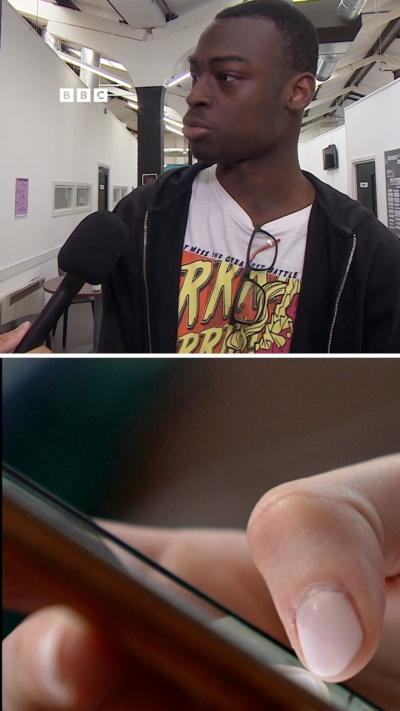 a composite image. A young black man in a black hoodie and white t-shirt speaking into a microphone. Below is an image of a hand scrolling through a phone