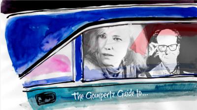 Illustration of Will Gompertz and Kate Blanchet in a car