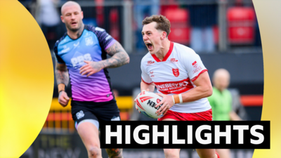 Hull KR's Jack Broadbent celebrates his try against Hull FC
