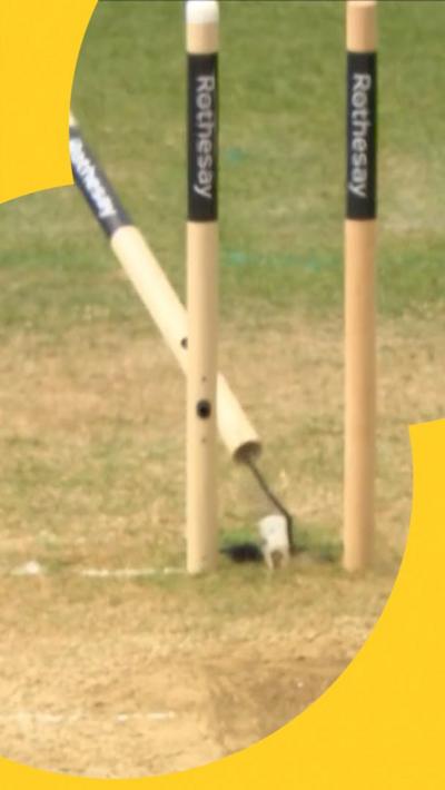 Matt Fisher bowls Kyle Jamieson to send the middle stump cartwheeling