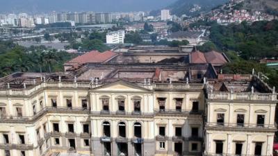 An overhead image of Brazil's National Museum showing extensive fire damage in January 2020