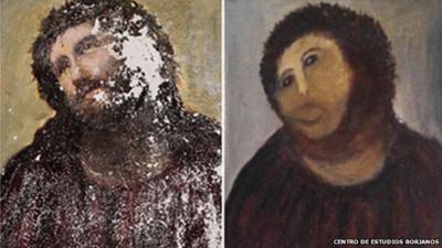 Elias Garcia Martinez's Ecce Homo (left) and the restoration