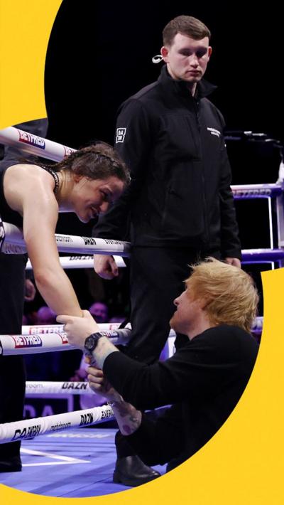 Katie Taylor greets Ed Sheeran ringside