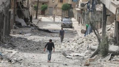 Damaged buildings after airstrike in the rebel-held area of Aleppo's Baedeen district