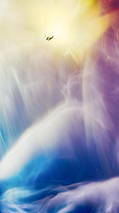 One of Tom's photographs shows splashes of blue, purple, pink and yellow with white ethereal swirls