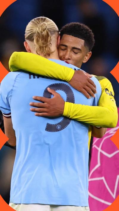 Haaland and Bellingham embrace after a Champions League match